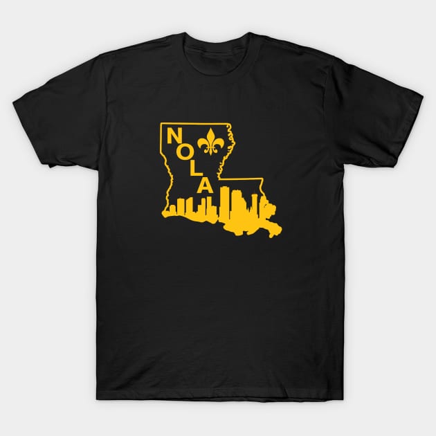 NOLA New Orleans Louisiana State Gold City Skyline Fleur De Lis T-Shirt by TeeCreations